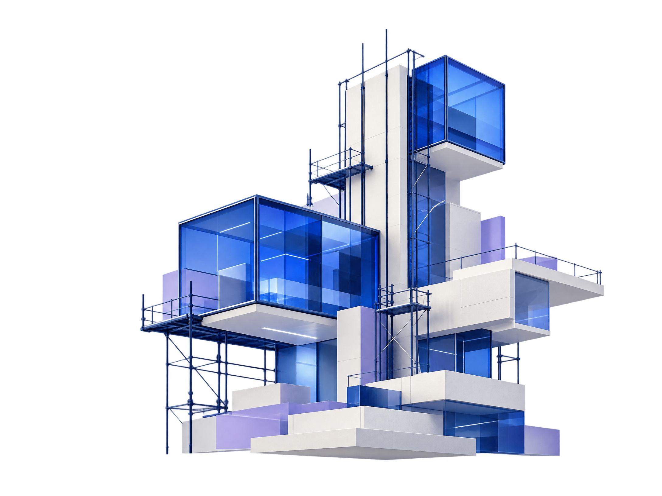 A modular architectural structure taking shape in white, electric blue, and lavender, with delicate construction guides.